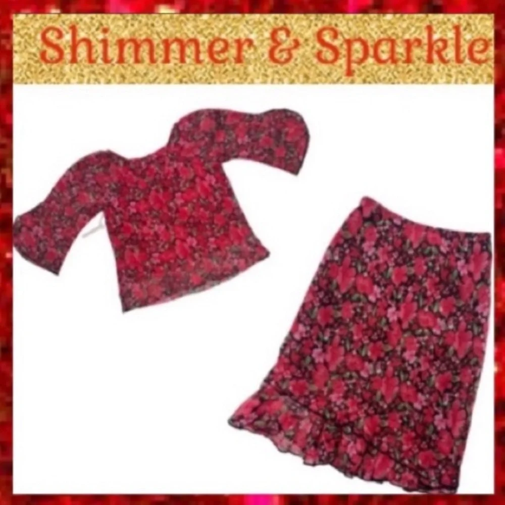 Girls Dress Set Sparkling Floral Glitter Red 2 pc Skirt & Blouse Dressy Outfit